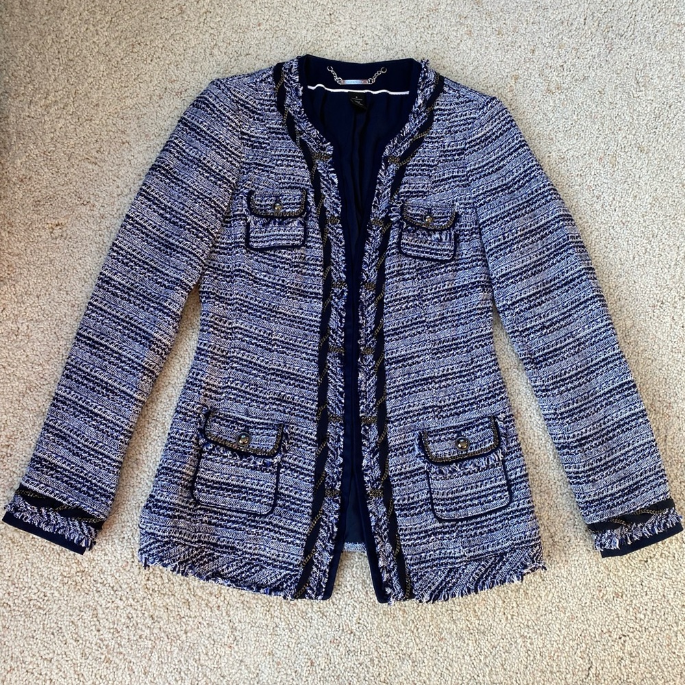 White House Black Market Size 0 Navy Light Blue Tweed Blazer Black Chain Fringe